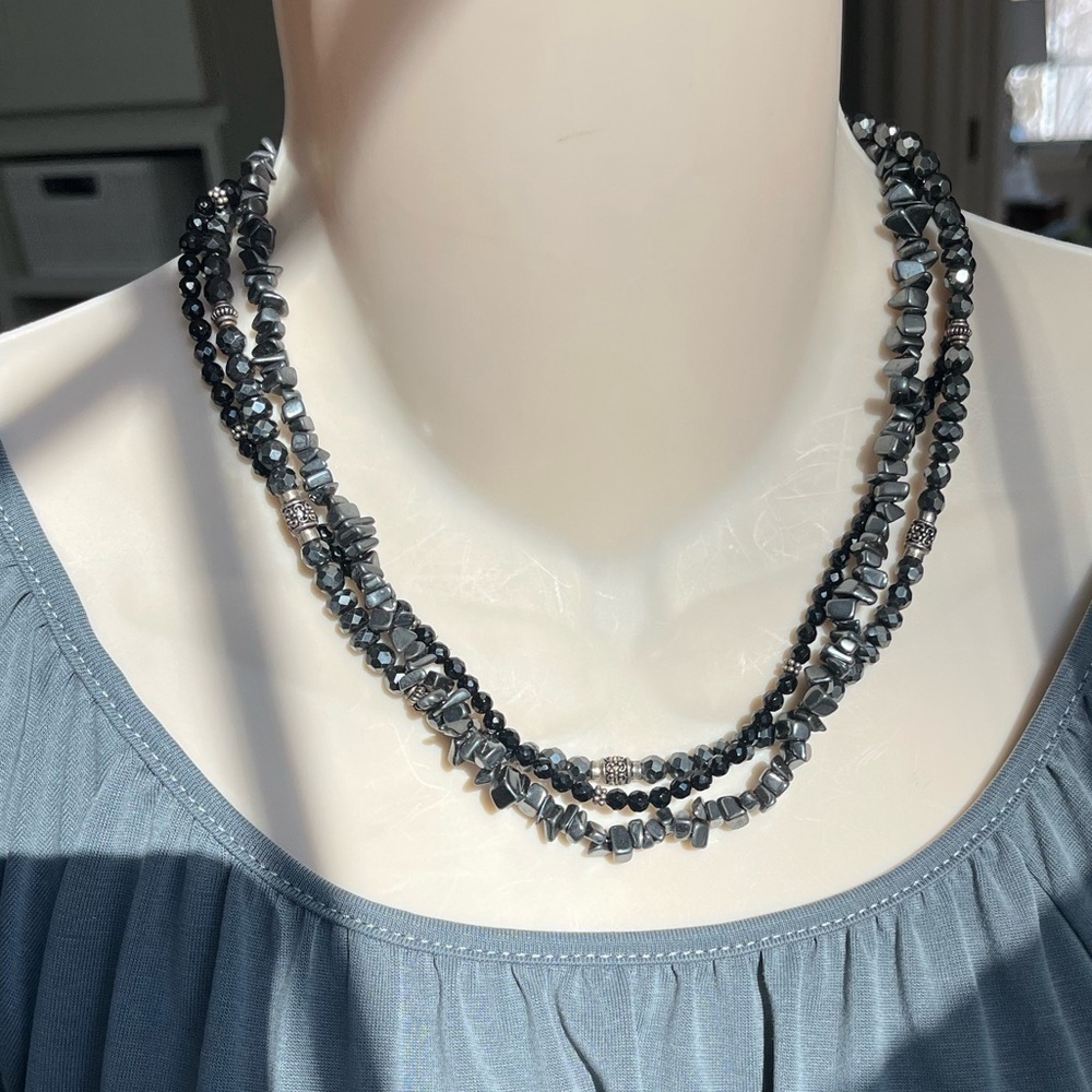 Black 3 Strand Necklace with Silver Tone Accents - Picture 7 of 16